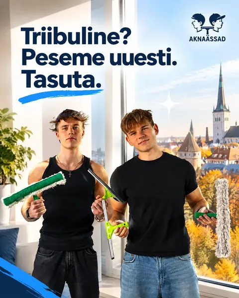 Ad: two window cleaners with squeegees, headline ‘Triibuline? Peseme uuesti. Tasuta.’