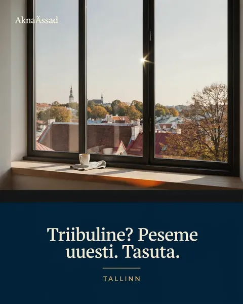 Ad: a clean window over Tallinn rooftops with the same headline on navy